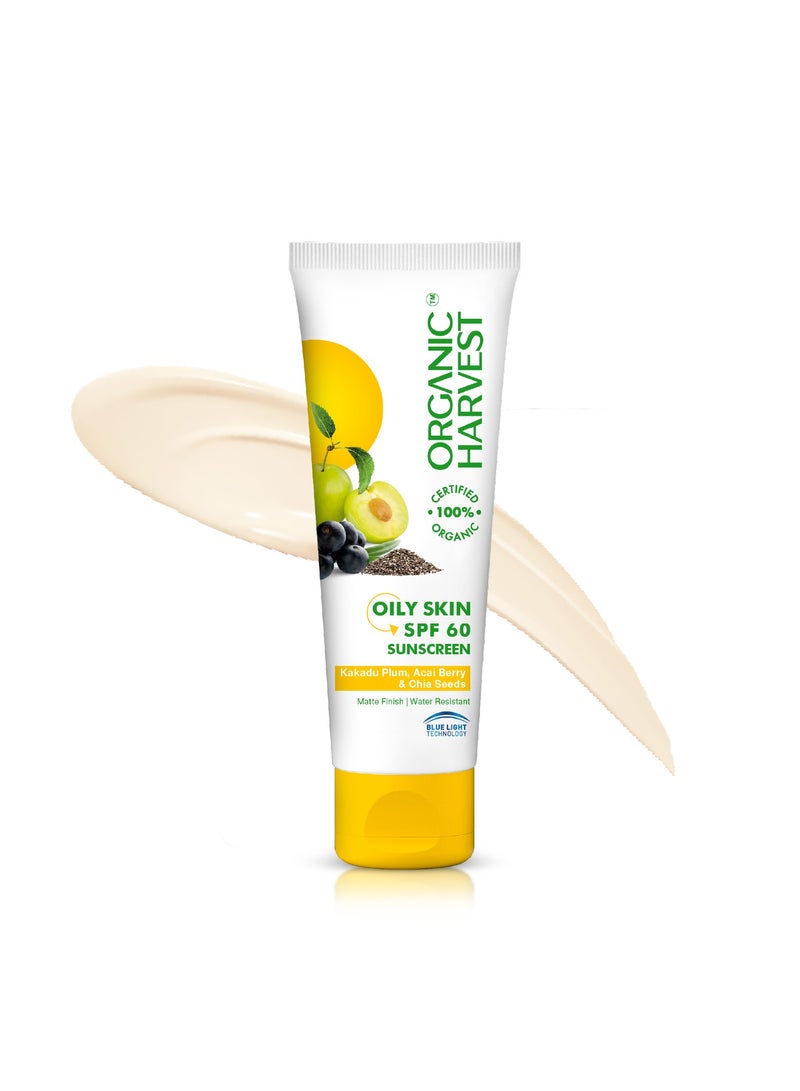 Organic Harvest Oily Skin SPF 60 Sunscreen For Men/Women With Kakadu Plum, Acai Berry & Chia Seeds -100% Certified Organic -100% Transparent, Responsible, Sustainable - free 100 ml - Image 1