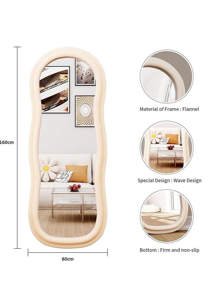 Vparty Full Length Mirror 60x160cm – Irregular Wavy Wave Arched Design, Flannel Wrapped Wooden Frame in Beige, Standing, Hanging, or Leaning Against Wall, Large Bedroom Mirror, Decorative Floor Mirror, Full Body Mirror, Stylish Home Décor Mirror for Living Room, Bedroom, or Entryway, Modern Wall-Mounted Mirror  - Image 3