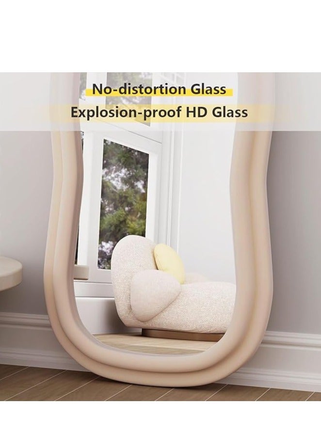 Vparty Full Length Mirror 60x160cm – Irregular Wavy Wave Arched Design, Flannel Wrapped Wooden Frame in Beige, Standing, Hanging, or Leaning Against Wall, Large Bedroom Mirror, Decorative Floor Mirror, Full Body Mirror, Stylish Home Décor Mirror for Living Room, Bedroom, or Entryway, Modern Wall-Mounted Mirror  - Image 5