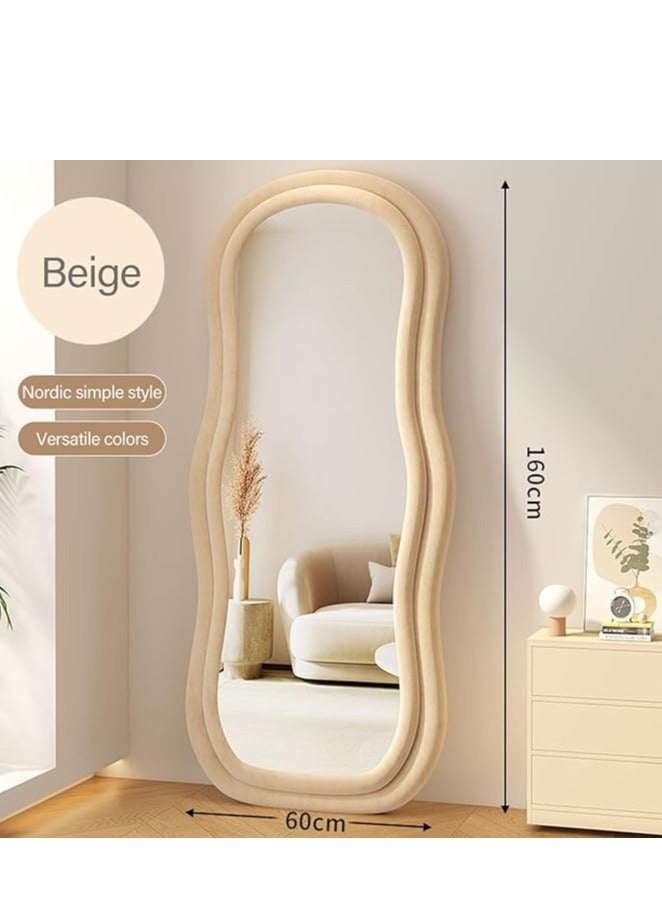 Vparty Full Length Mirror 60x160cm – Irregular Wavy Wave Arched Design, Flannel Wrapped Wooden Frame in Beige, Standing, Hanging, or Leaning Against Wall, Large Bedroom Mirror, Decorative Floor Mirror, Full Body Mirror, Stylish Home Décor Mirror for Living Room, Bedroom, or Entryway, Modern Wall-Mounted Mirror  - Image 2