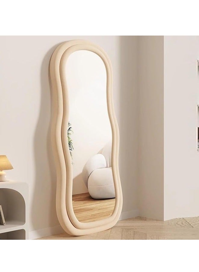 Vparty Full Length Mirror 60x160cm – Irregular Wavy Wave Arched Design, Flannel Wrapped Wooden Frame in Beige, Standing, Hanging, or Leaning Against Wall, Large Bedroom Mirror, Decorative Floor Mirror, Full Body Mirror, Stylish Home Décor Mirror for Living Room, Bedroom, or Entryway, Modern Wall-Mounted Mirror  - Image 1