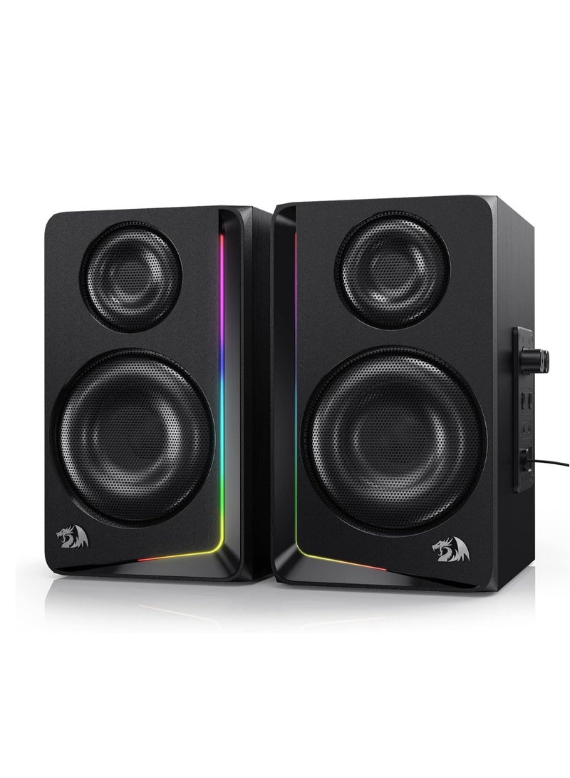 ريدراجون GS812 Wireless RGB Wooden Desktop Speakers, 2.0 Channel Bookshelf Speaker w/BT 5.0/3.5mm AUX Connection, Enhanced Bass/Volume Knob Control, Extra Mic/Audio Jacks & Dynamic RGB Lighting Bar - Image 1