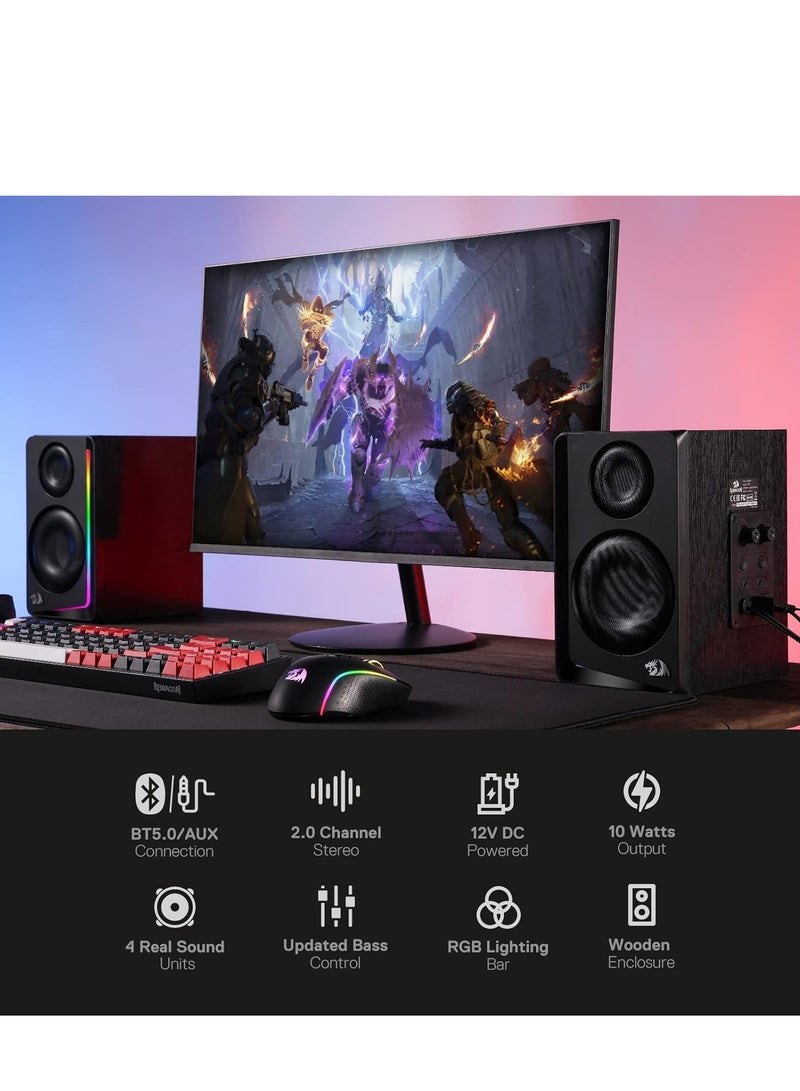 ريدراجون GS812 Wireless RGB Wooden Desktop Speakers, 2.0 Channel Bookshelf Speaker w/BT 5.0/3.5mm AUX Connection, Enhanced Bass/Volume Knob Control, Extra Mic/Audio Jacks & Dynamic RGB Lighting Bar - Image 2