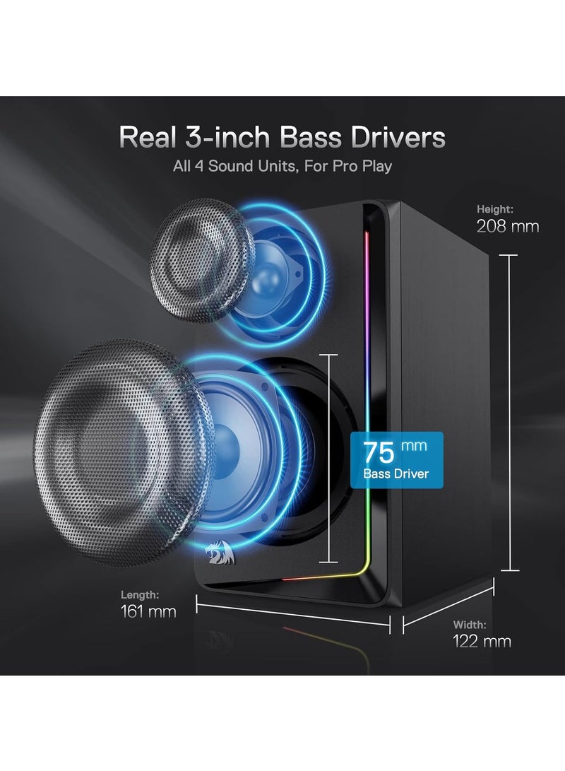 ريدراجون GS812 Wireless RGB Wooden Desktop Speakers, 2.0 Channel Bookshelf Speaker w/BT 5.0/3.5mm AUX Connection, Enhanced Bass/Volume Knob Control, Extra Mic/Audio Jacks & Dynamic RGB Lighting Bar - Image 4