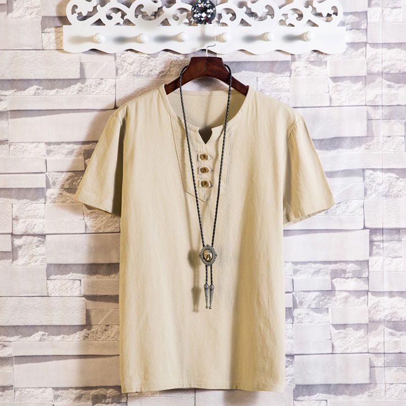 Chinese Style Linen T-Shirt Men'S Short-Sleeved Summer Solid Color Cotton And Linen Half-Sleeved V-Neck Base Shirt Chinese Style Men'S All-Match Top - Image 1