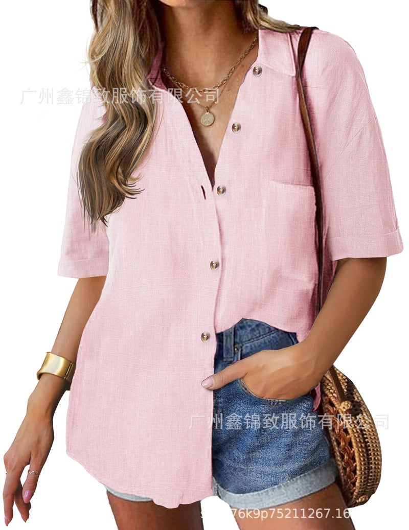 2025 Women'S Linen Shirt Cotton Buttoned Shirt Short Sleeve Loose Collared Casual Work Shirt - Image 1