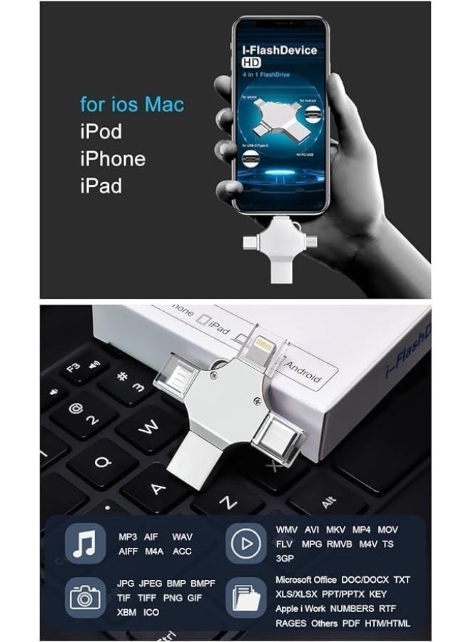 محرك أقراص فلاش USB 3.0 سعة 128 جيجابايت 4 في 1 لأجهزة iPhone و iPad و Android و Mac و PC - Image 3