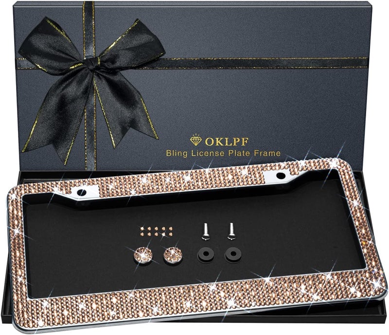 OKLPF Bling License Plate Frame for Women, Sparkly Stainless Steel License Plate Frames| Over 1200 pcs 14 Facets Bedazzled Clear Glass Diamond Rhinestone Crystals w/Free Glitter Diamond 1PCS BOX (Champagne) - Image 1
