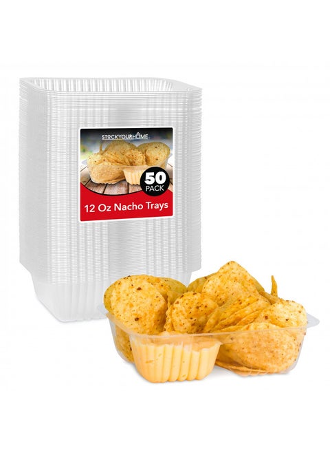 12oz Plastic Nacho Trays (50 Pack) Small Disposable Tray for Nachos & Cheese Dip, Concession Stand Supplies, Movie Night Snacks for Kids, Carnival Party Decorations, Food Boats, Snack Containers