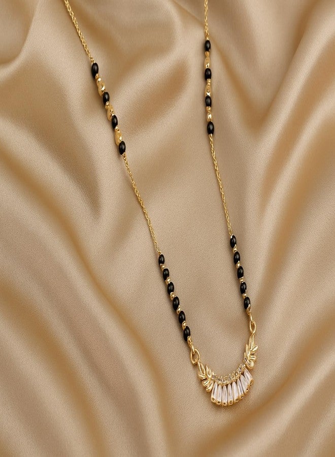 VIEN Elegant Gold Plated Mangalsutra for Women | Regular Wear CZ Stone | Lightweight Traditional Black Beads Necklace | Trendy Baguette Pendant for Girls | Wedding & Festive Jewellery - Image 3