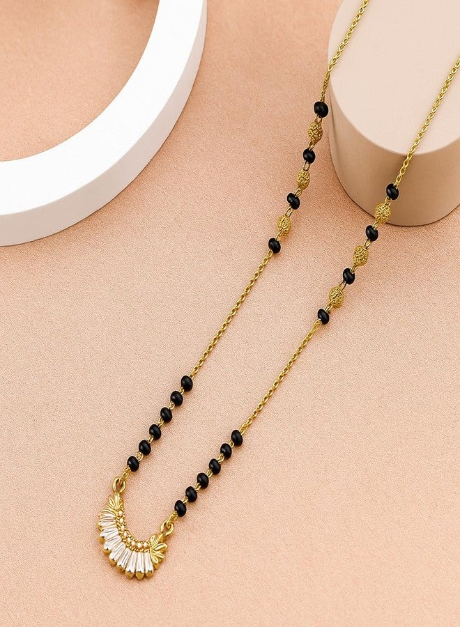 VIEN Elegant Gold Plated Mangalsutra for Women | Regular Wear CZ Stone | Lightweight Traditional Black Beads Necklace | Trendy Baguette Pendant for Girls | Wedding & Festive Jewellery - Image 4