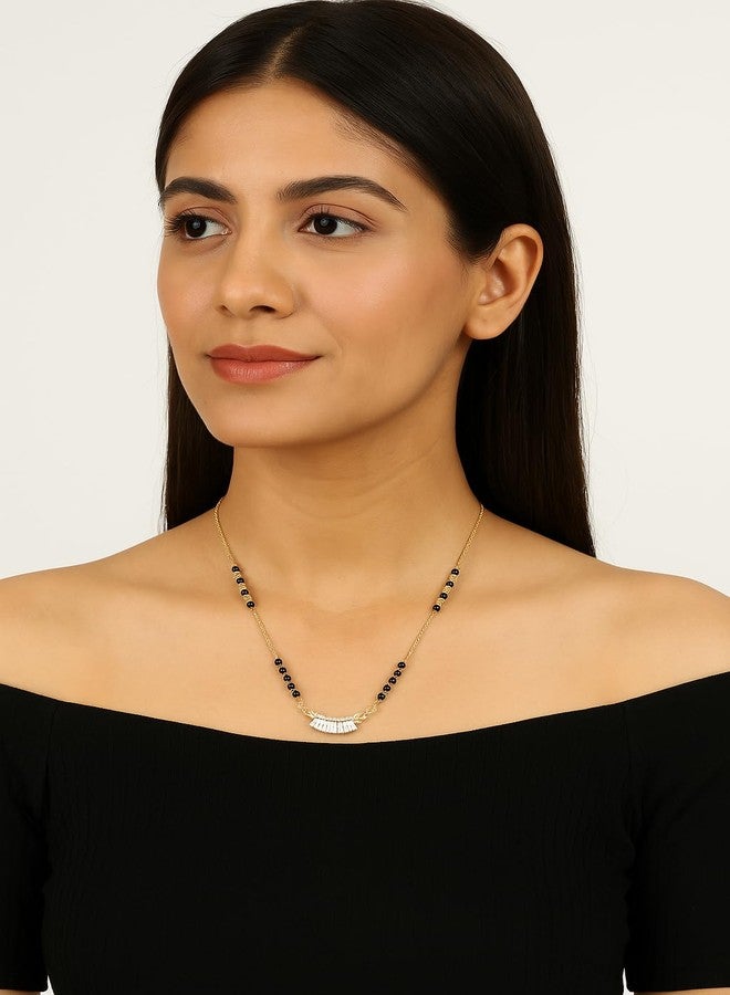 VIEN Elegant Gold Plated Mangalsutra for Women | Regular Wear CZ Stone | Lightweight Traditional Black Beads Necklace | Trendy Baguette Pendant for Girls | Wedding & Festive Jewellery - Image 2