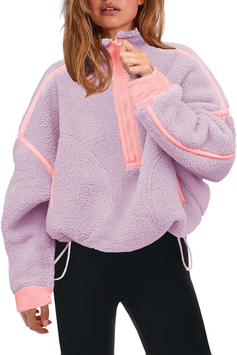 Panadila Womens Quarter Zip Fleece Pullover Sherpa Jacket Oversized Sweatshirt with Pockets Fuzzy Sweater (Taro Purple,L) - Image 1