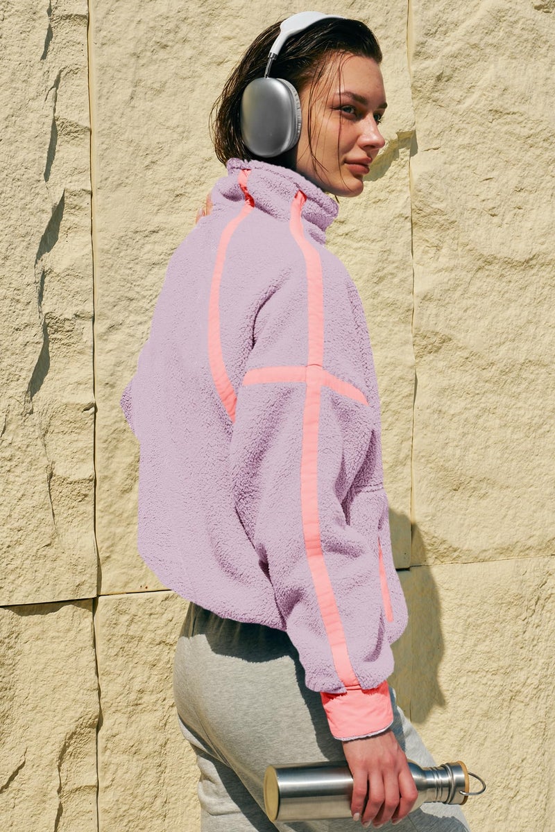 Panadila Womens Quarter Zip Fleece Pullover Sherpa Jacket Oversized Sweatshirt with Pockets Fuzzy Sweater (Taro Purple,L) - Image 5