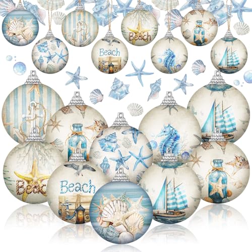 Outus 16 Pcs Summer Beach Ornaments Ball Ocean Beach Decorations for Tree Coastal Nautical Navigation Seashell Hanging Ornaments Xmas Decorations for Home Small Tree Fireplace Holiday Party Favors - Image 1