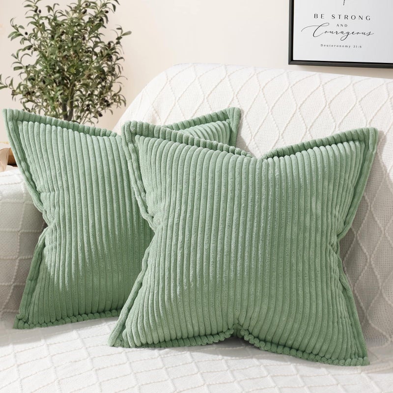 Mecatny Corduroy Pillow Covers 16x16 Inch Set of 2  Striped Decorative Square Spring Throw Pillow Covers with Wide Border for Couch Living Room Bed  Sage Green - Image 1