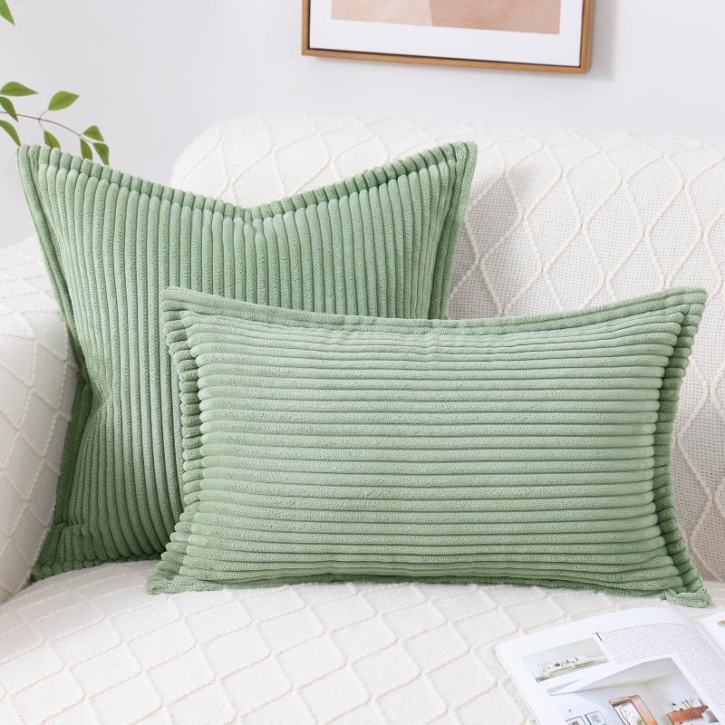 Mecatny Corduroy Pillow Covers 16x16 Inch Set of 2  Striped Decorative Square Spring Throw Pillow Covers with Wide Border for Couch Living Room Bed  Sage Green - Image 2