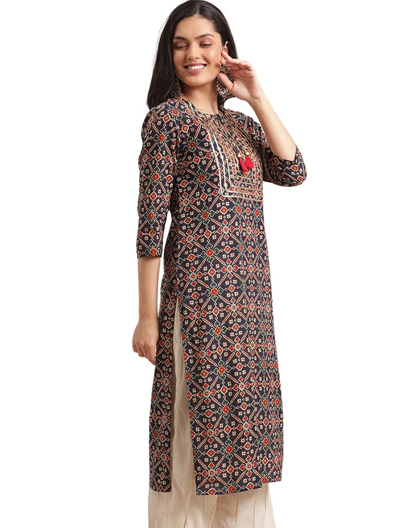 rytras Women's Cotton Printed Straight Kurta(RYT310_Blue_Small) - Image 2