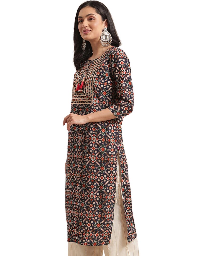 rytras Women's Cotton Printed Straight Kurta(RYT310_Blue_Small) - Image 3