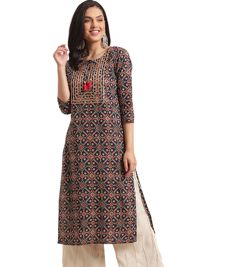 rytras Women's Cotton Printed Straight Kurta(RYT310_Blue_Small) - Image 1