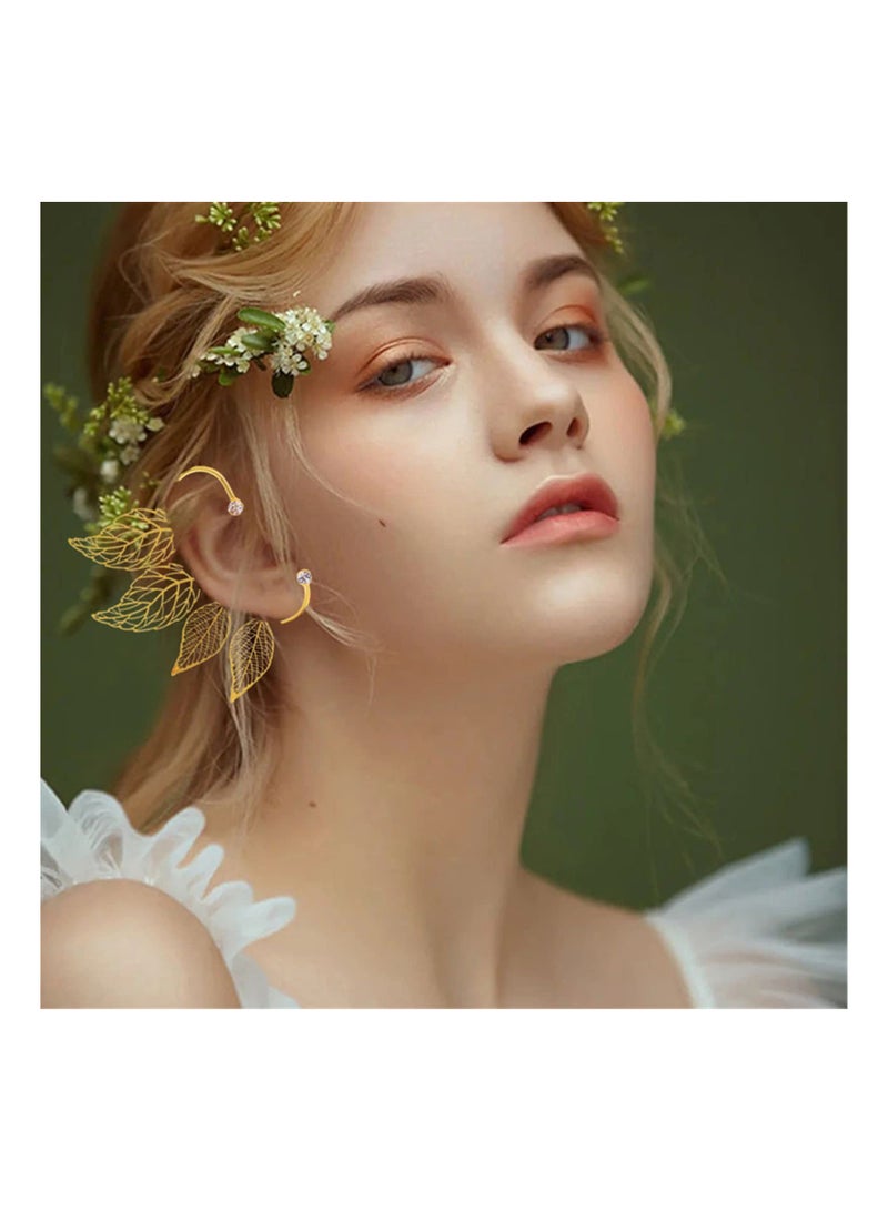 SYOSI 1 Pair Elven Ear Cuffs Handmade Elf Fairy Earrings Wrap Earrings Clip-on Earrings Non Piercing Golden Leaves Hollow Leaf for Fantasy Fairy Costume Cosplay Wedding Handcraft - Image 2