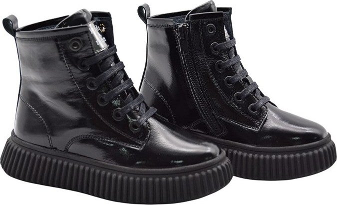 Kids A More Lilly Lace-Up and Zippered Leather Girls Boots Black - Image 1