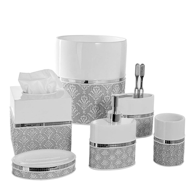 Creative Scents Creative Scents Mirror Damask White and Gray Bathroom Accessories Set  6 Piece Bathroom Accessory Set Includes Trash Can Tissue Box Cover Soap Dispenser Soap Dish Toothbrush Holder  Tumbler 