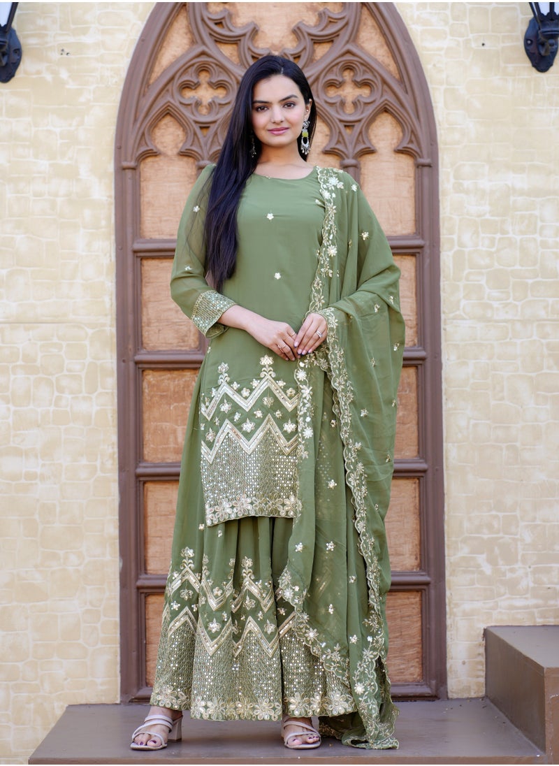 Generic Presenting Designer Embroidered Fox Georgette Pista Green Sharara Suit With Sequence Embroidered Work  - Image 1
