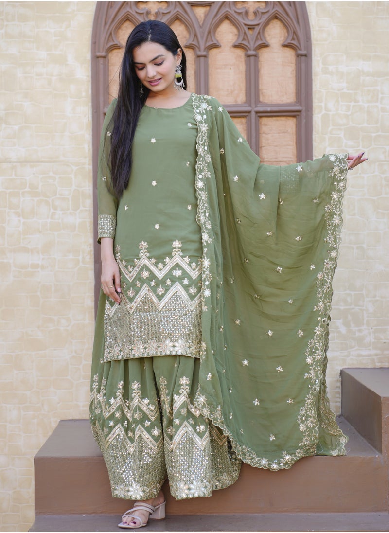 Generic Presenting Designer Embroidered Fox Georgette Pista Green Sharara Suit With Sequence Embroidered Work  - Image 2