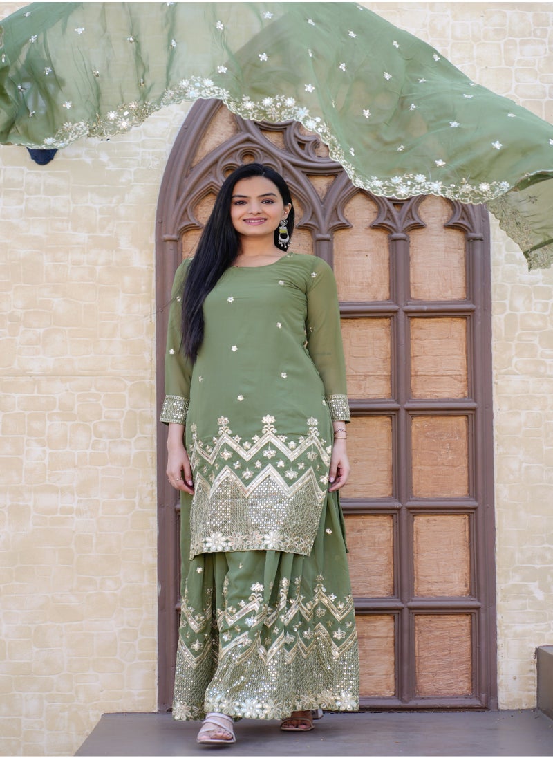 Generic Presenting Designer Embroidered Fox Georgette Pista Green Sharara Suit With Sequence Embroidered Work  - Image 3