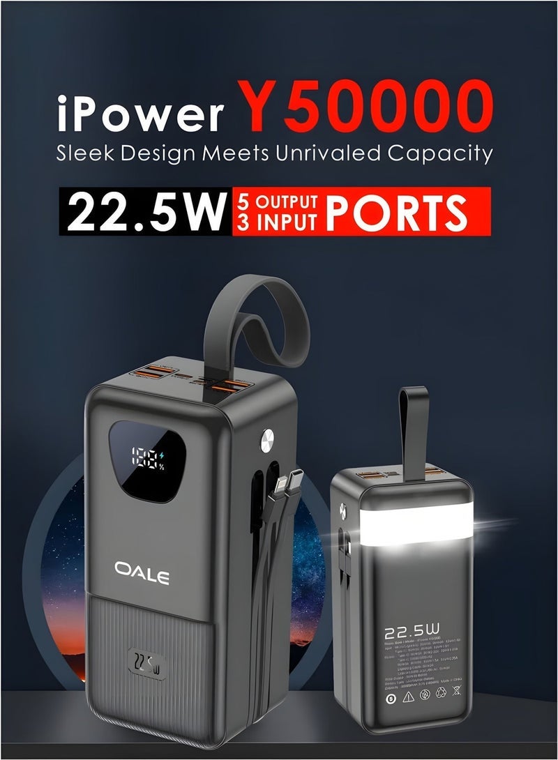 OALE 50000mAh Power Bank with 22.5W Fast Charging, Ultra‑High Capacity, Built‑In Type‑C & Lightning Cables, 4 USB Outputs, Triple Input Ports, LED Torch & Carry Handle - Image 5