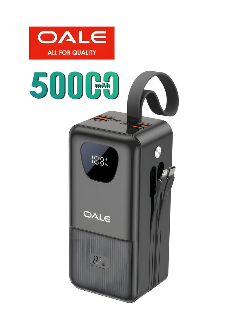 OALE 50000mAh Power Bank with 22.5W Fast Charging, Ultra‑High Capacity, Built‑In Type‑C & Lightning Cables, 4 USB Outputs, Triple Input Ports, LED Torch & Carry Handle - Image 1
