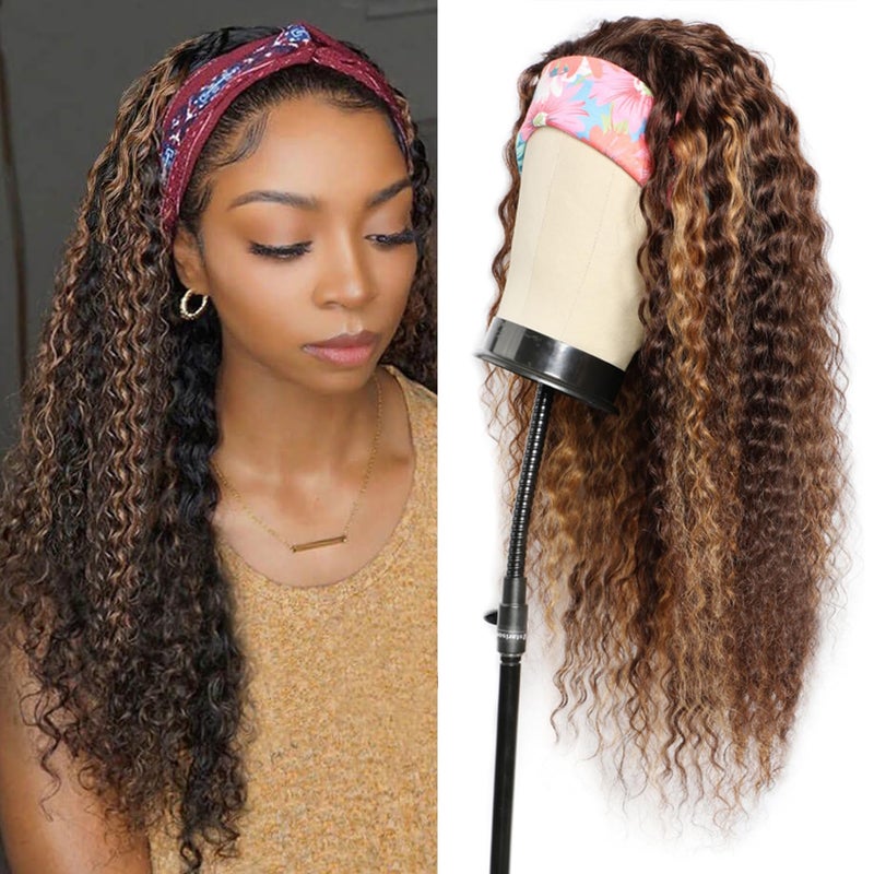 Aiterina Headband Wig deep wave human hair wigs for Black Women Brazilian Remy Hair Glueless Non Lace Front Wig Wear and Go Wigs Machine Made 150% Density (12 inch, 4/27 Highlight) - Image 2