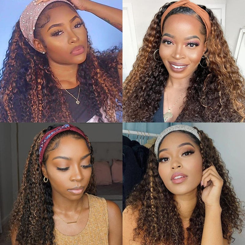 Aiterina Headband Wig deep wave human hair wigs for Black Women Brazilian Remy Hair Glueless Non Lace Front Wig Wear and Go Wigs Machine Made 150% Density (12 inch, 4/27 Highlight) - Image 5