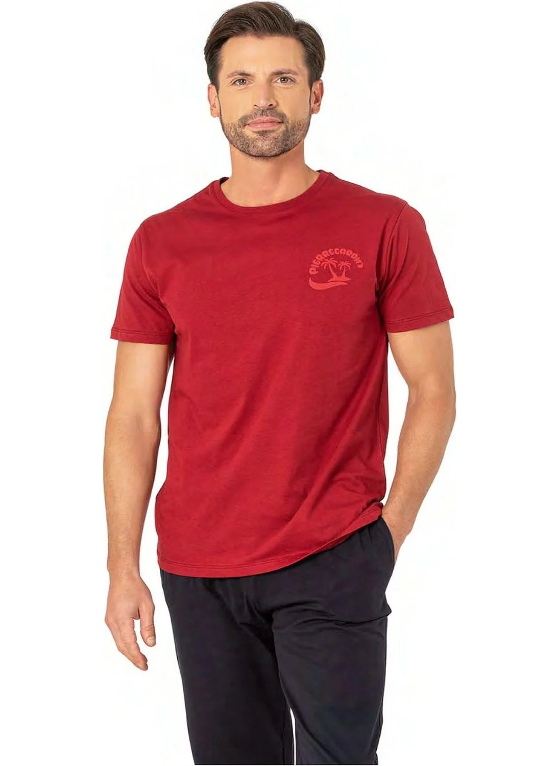 بيير كاردان 6079 Men's Short Sleeve Crew Neck Pajama Set-Burgundy