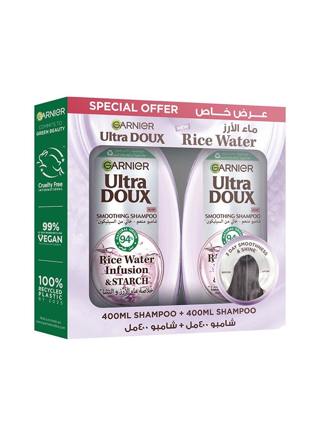 Garnier Ultra Doux Rice Water and Starch Infusion Shampoo, 400 ml + Shampoo 400 ml for Smooth and Shiny hair  - Image 1