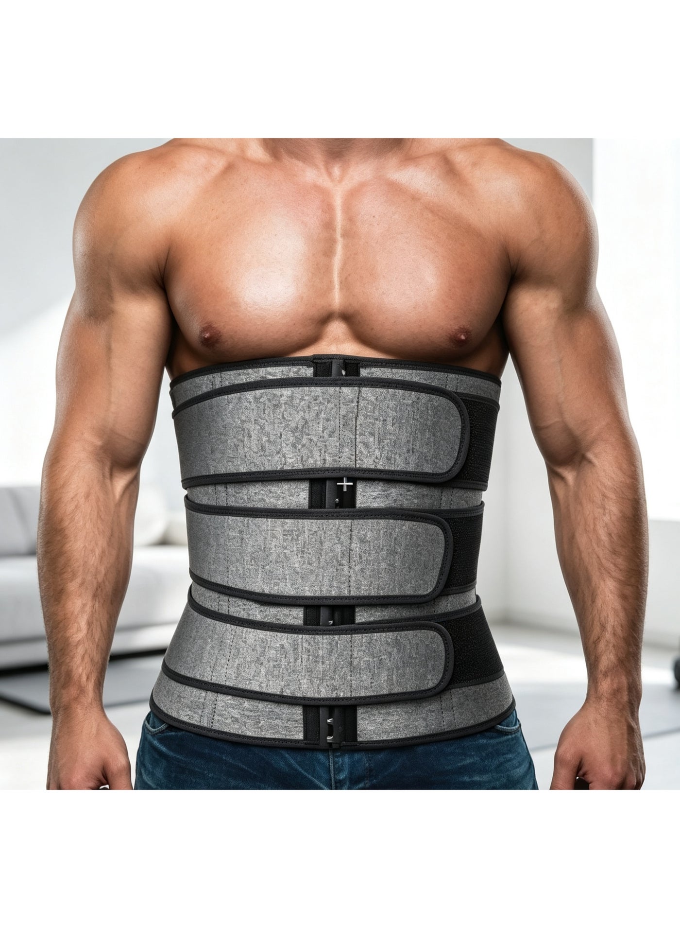 Arabest Men's Rubber Sweat Waist Belt, Three-Row Hook Fitness Sauna Shaping Waist Cincher, Tummy Weight Loss Trimmer Belt (Gray, XL Size)