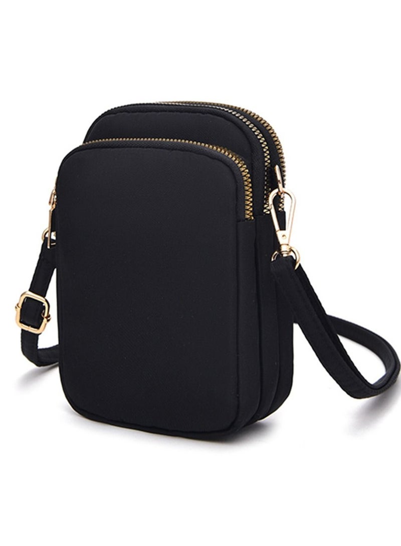 Nylon Ladies Mobile Phone Bags Purse Mini 3 Layers Zipper Shoulder Wallet Bag with Adjustable Strap  - Image 1