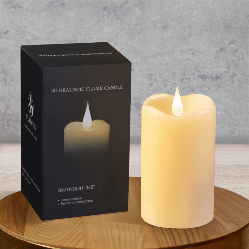 TECHLONG Flickering Flameless Candles with 3D Moving Flame, Last 1000+ Hours Battery Operated Candles with Timer, Ivory Real Wax Pillar Electric LED Candle for Wedding Christmas Party/3" x 5" - Image 1