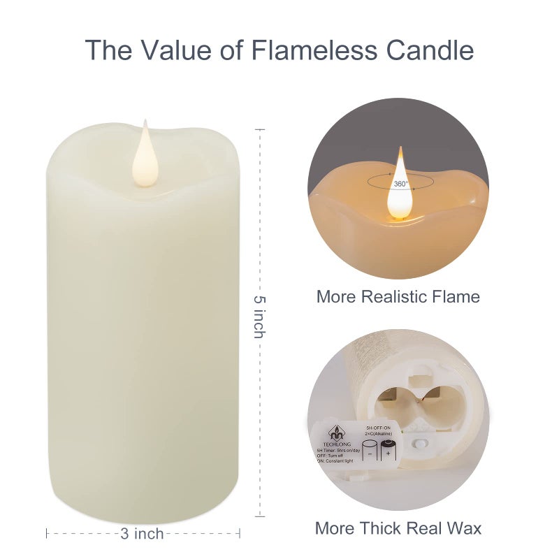 TECHLONG Flickering Flameless Candles with 3D Moving Flame, Last 1000+ Hours Battery Operated Candles with Timer, Ivory Real Wax Pillar Electric LED Candle for Wedding Christmas Party/3" x 5" - Image 2