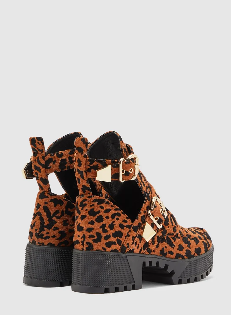 Missguided Cut Out Double Buckle Ankle Boot - Leopard