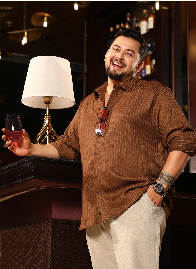 Instafab Plus Instafab Plus Men's Chocolate Brown Ripple-Trough Shirt For Casual Wear | Spread Collar | Long Cuffed Sleeves | Button Closure | Plus Size Shirt Crafted With Comfort Fit For Everyday Wear
