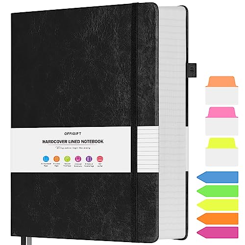 OFFIGIFT College Ruled Notebook, Large B5 Lined Journal Notebook, 314 Numbered Pages Work Notebook with Index Stickers, 100gsm Thick Paper, Hardcover Vegan Leather Journal for Women Men School Office, Black - Image 1