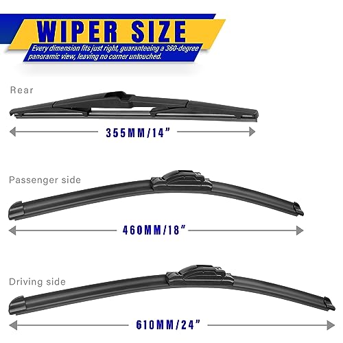 Rooppa 3 wipers Replacement for 2013-2016 Mazda CX-5/2007-2012 Hyundai Santa Fe, Windshield Wiper Blades Original Equipment Replacement - 24"/18"/14" (Set of 3) U/J HOOK - Image 2