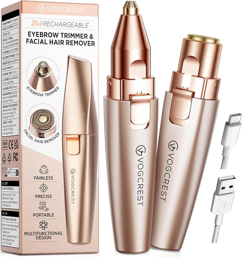 VG VOGCREST Rechargeable Eyebrow Trimmer & Facial Hair Remover for Women, 2 in 1 Eyebrow Razor and Painless Hair Remover, Eyebrow Lips Body Facial Hair Removal for Women with Built-in LED Light (Rose Gold) - Image 1
