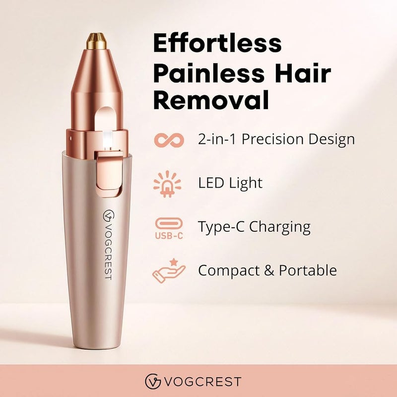 VG VOGCREST Rechargeable Eyebrow Trimmer & Facial Hair Remover for Women, 2 in 1 Eyebrow Razor and Painless Hair Remover, Eyebrow Lips Body Facial Hair Removal for Women with Built-in LED Light (Rose Gold) - Image 2