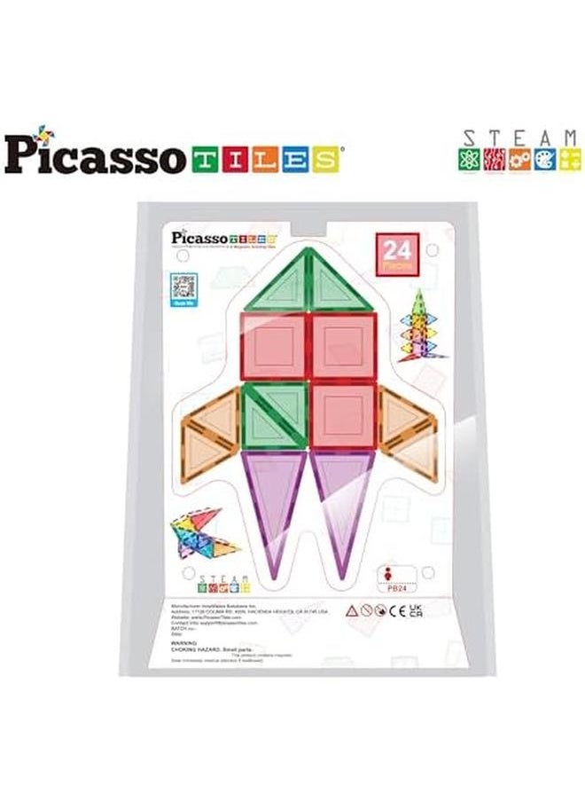 PicassoTiles - 24Pc Magnet Tile Building Block Set Magnetic Construction Square Triangle Tiles Toy Kit Sparking Creativity Geometric Shapes Stem Educational Learning Brain Development Kids Ages 3 Plus Pb24 - Image 1