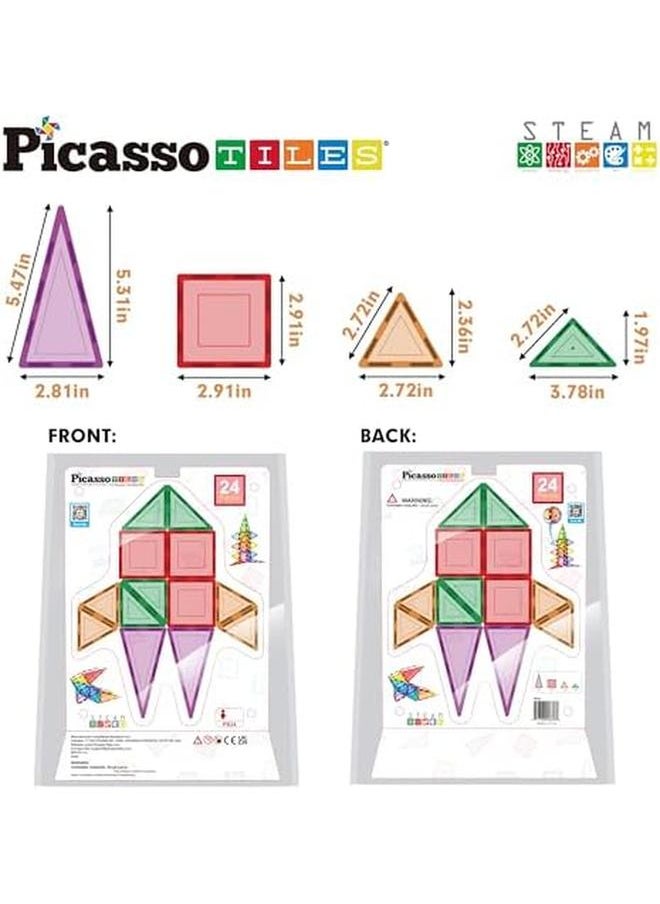 PicassoTiles - 24Pc Magnet Tile Building Block Set Magnetic Construction Square Triangle Tiles Toy Kit Sparking Creativity Geometric Shapes Stem Educational Learning Brain Development Kids Ages 3 Plus Pb24 - Image 1