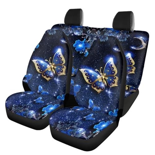 Howilath Fashion Blue Butterfly Front & Rear Seat Covers Vehicle Seat Floral Moon Pattern Protectors Cover Fits Most Cars, Sedan, SUV - Image 1