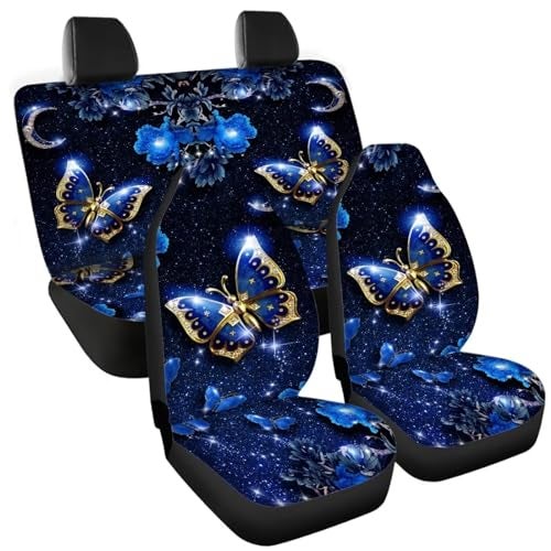 Howilath Fashion Blue Butterfly Front & Rear Seat Covers Vehicle Seat Floral Moon Pattern Protectors Cover Fits Most Cars, Sedan, SUV - Image 4